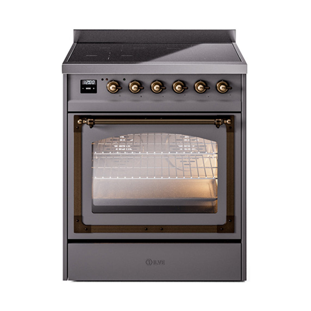 Matte graphite induction range with bronze-trim knobs and closed glass oven door