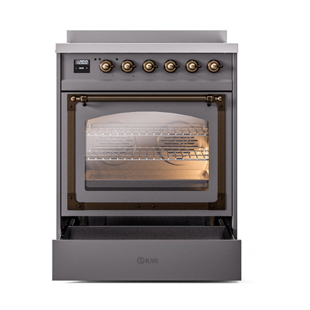 Matte graphite induction range with bronze-trim knobs and triple glass oven door open