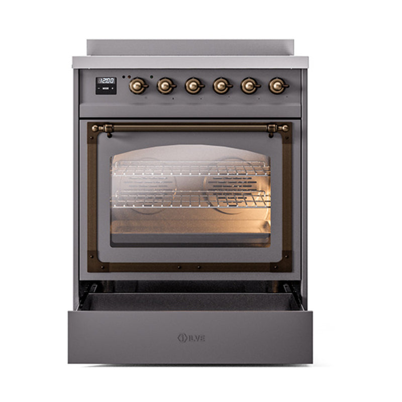 ILVE Nostalgie II Noblesse 30-Inch Induction Range with Triple Glass Door in Matte Graphite with Bronze Trim (UNI304NMPMGB)