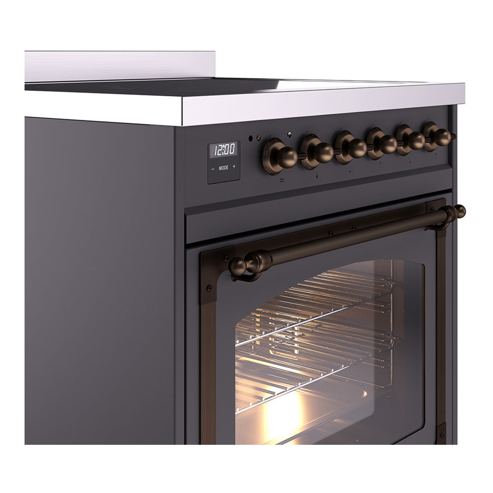 Matte graphite induction range with bronze knob control panel and open oven door