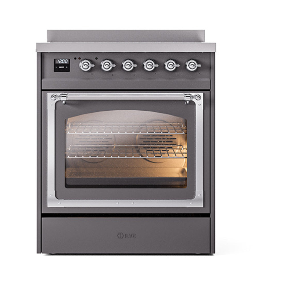Matte graphite induction range with triple glass oven door window, chrome handle, and knobs.