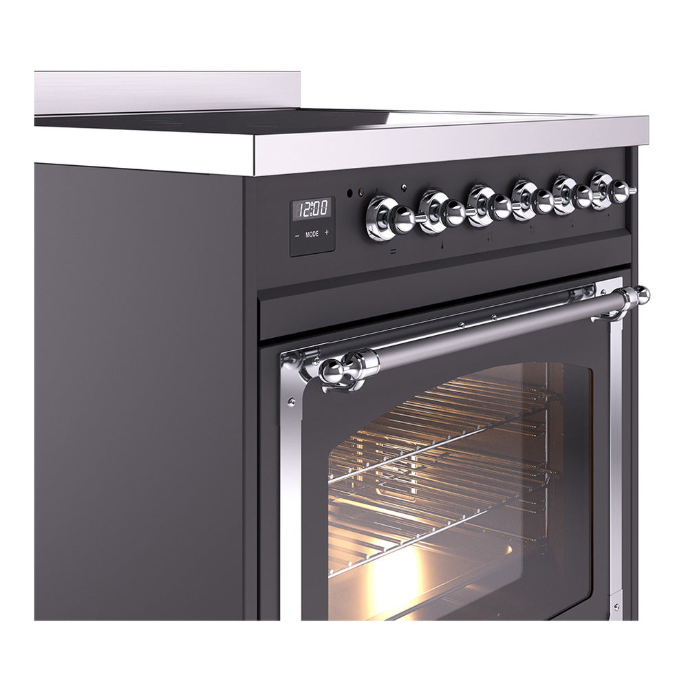 Matte graphite induction range side view with chrome control knobs and long oven door handle.