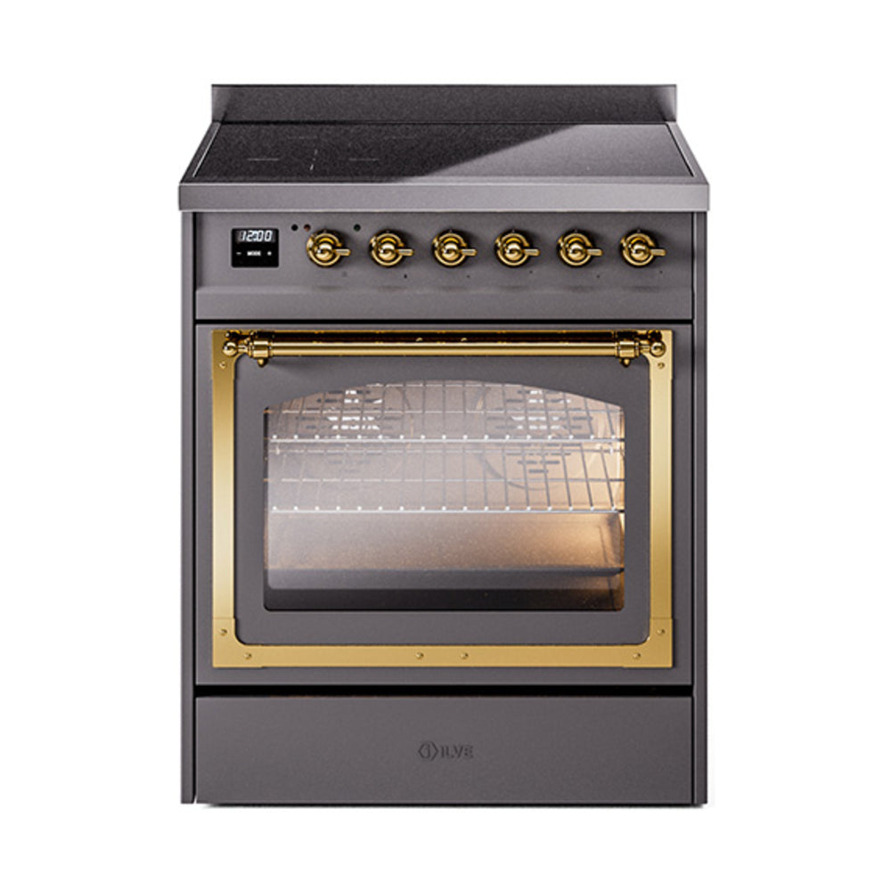 Matte graphite induction range with triple glass door, brass trim, and 6 gold knobs