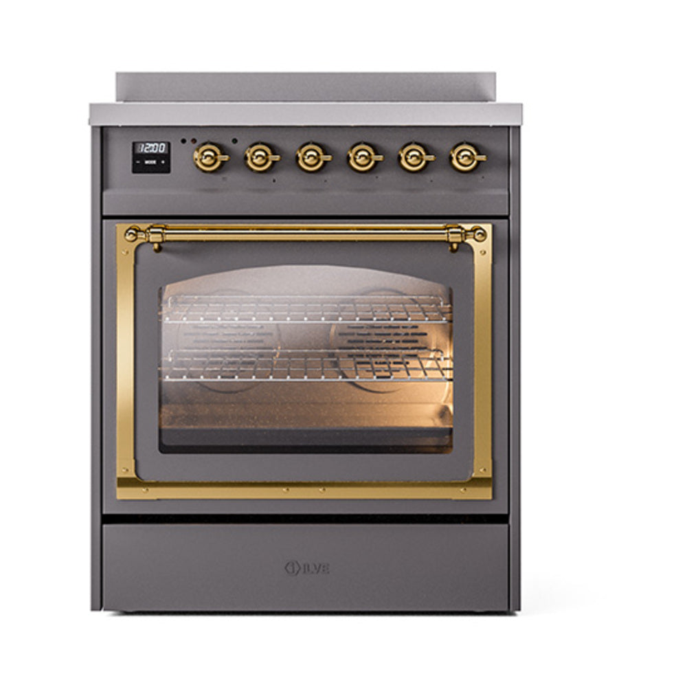 Matte graphite induction range with triple glass door and brass frame; top control knobs