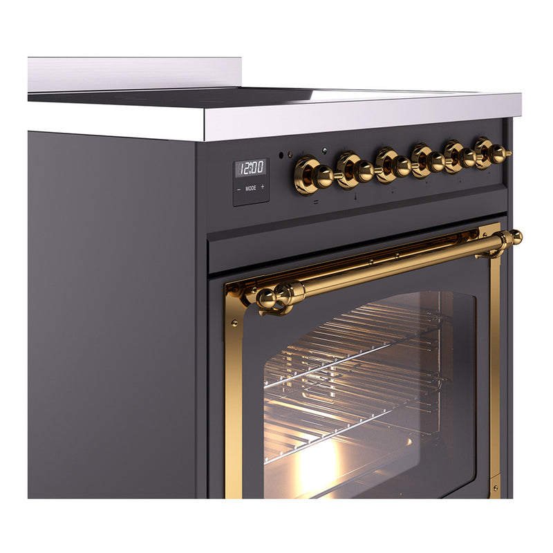 ILVE Nostalgie II Noblesse 30-Inch Induction Range with Triple Glass Door in Matte Graphite with Brass Trim (UNI304NMPMGG)