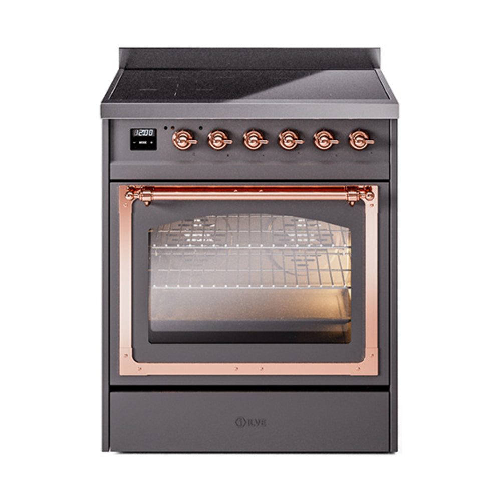 Matte graphite induction range with triple glass oven door and copper control knobs