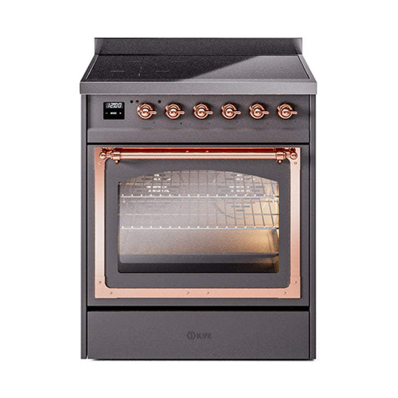 ILVE Nostalgie II Noblesse 30-Inch Induction Range with Triple Glass Door in Matte Graphite with Copper Trim (UNI304NMPMGP)