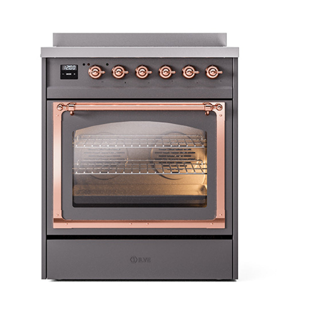 Matte graphite induction range with oven window, copper handle trim, and control knobs