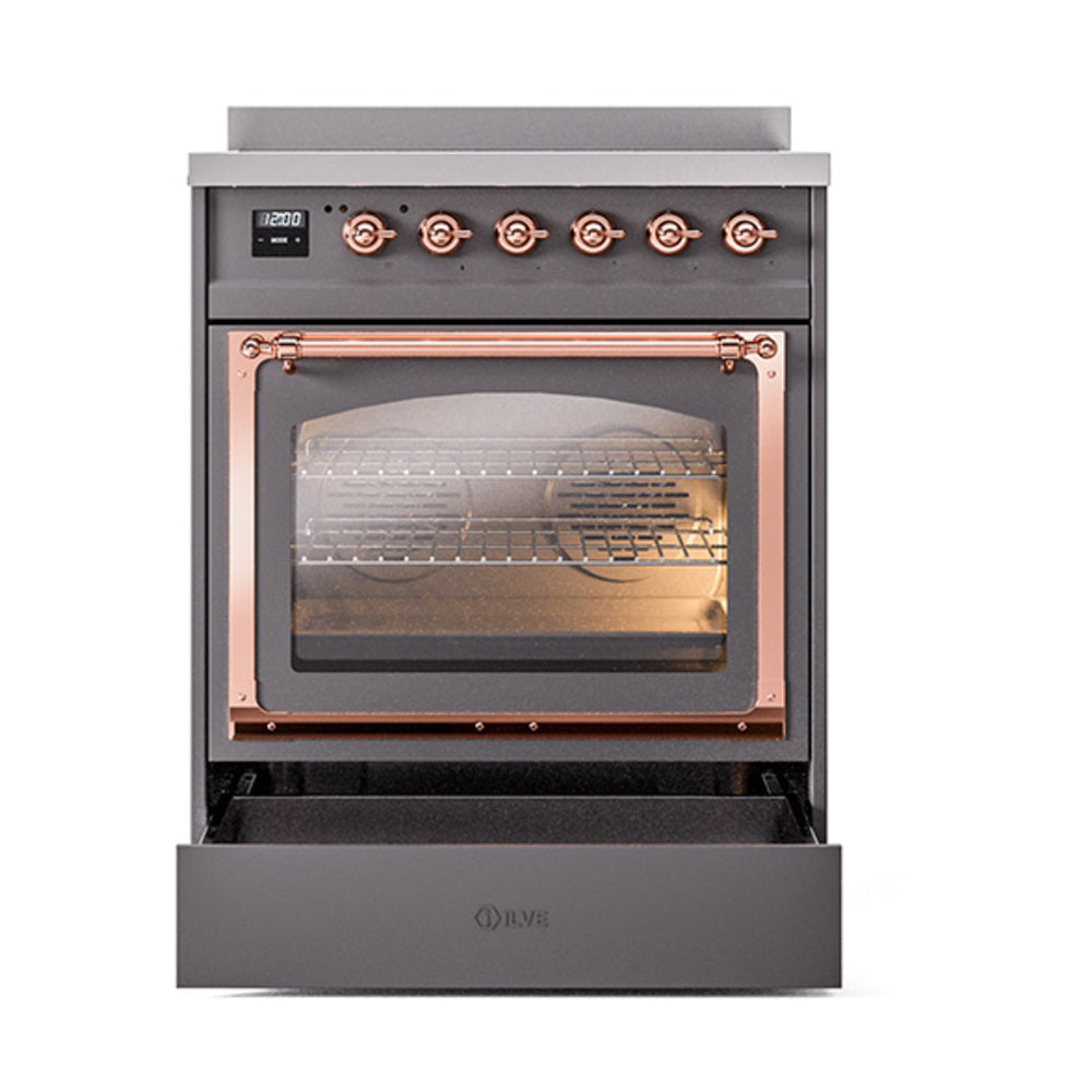 Matte graphite oven with open triple glass door window and copper handle rails