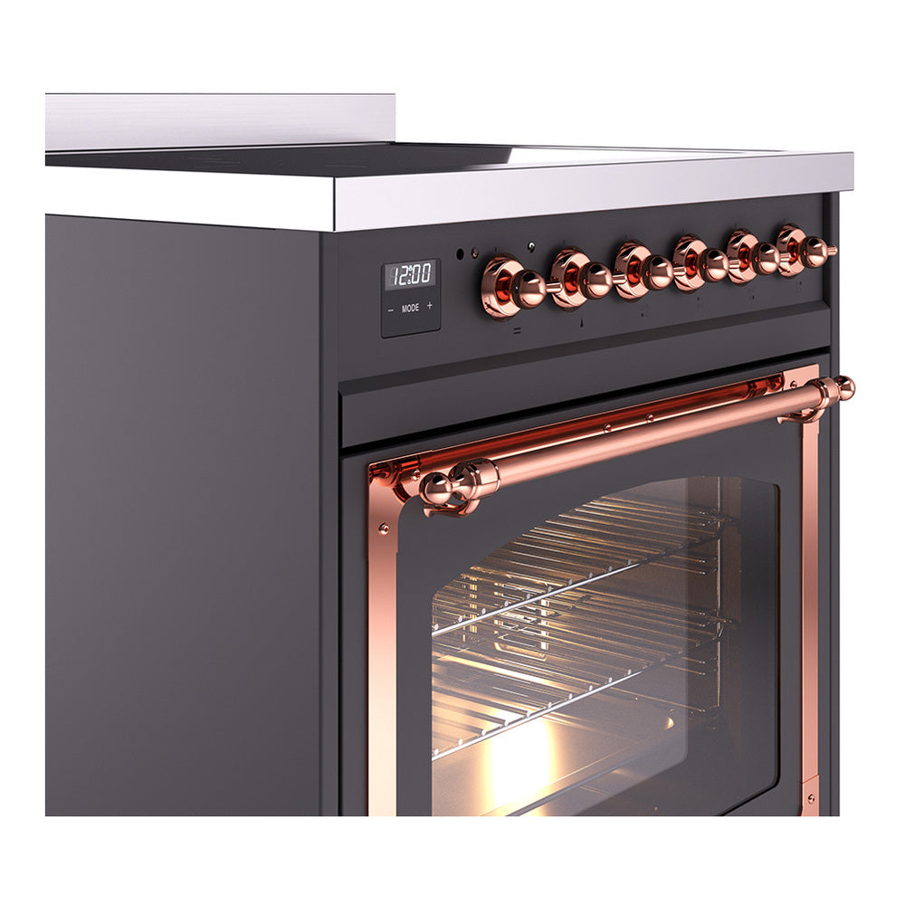 Induction range control panel with copper knobs and matte graphite oven door handle