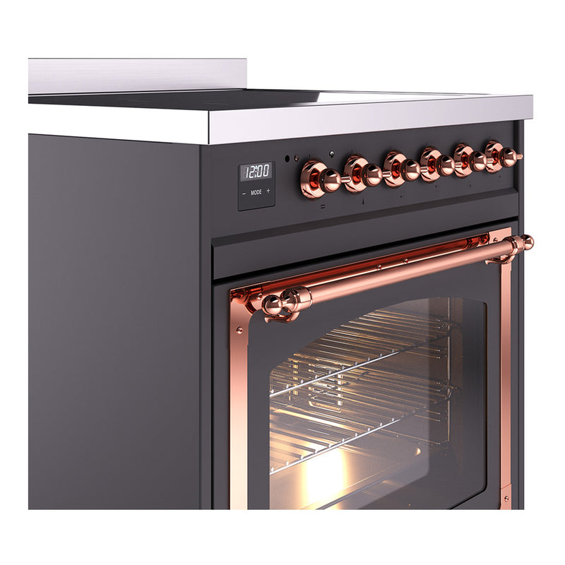 ILVE Nostalgie II Noblesse 30-Inch Induction Range with Triple Glass Door in Matte Graphite with Copper Trim (UNI304NMPMGP)