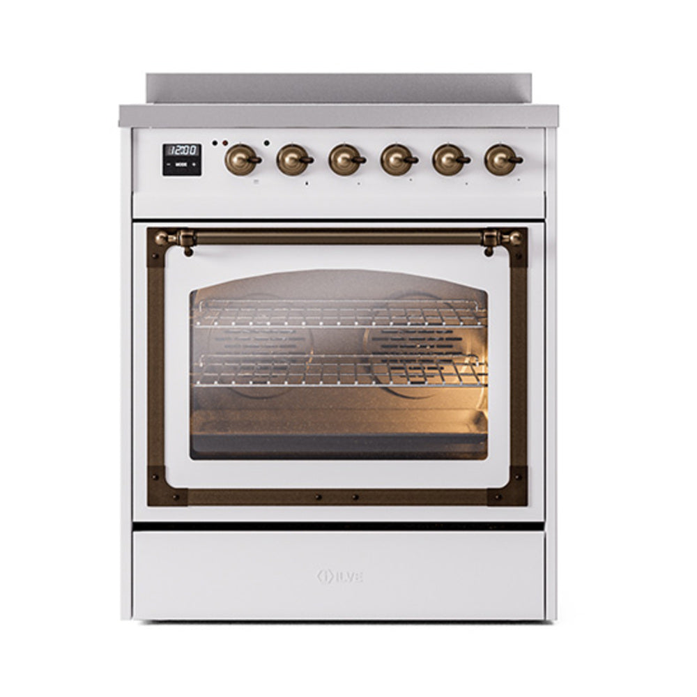 White induction range with open oven door and bronze-trimmed frame, oven lit