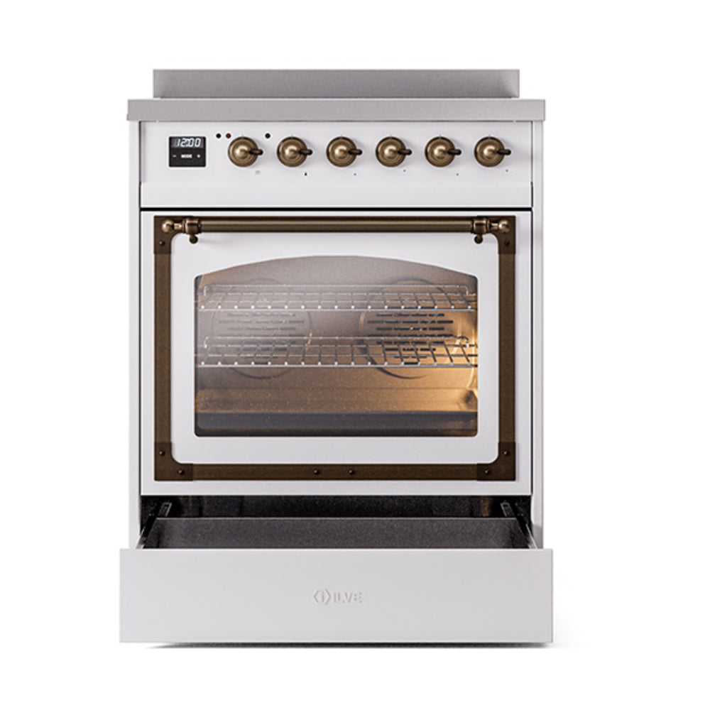 White induction range with open oven door and control panel with bronze knobs