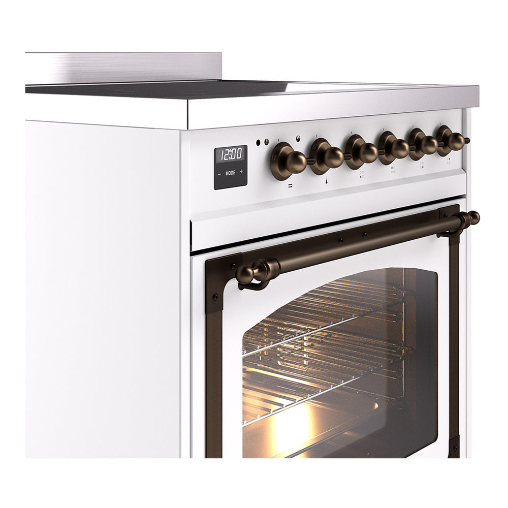 White induction range with triple glass oven door and bronze control knobs, open