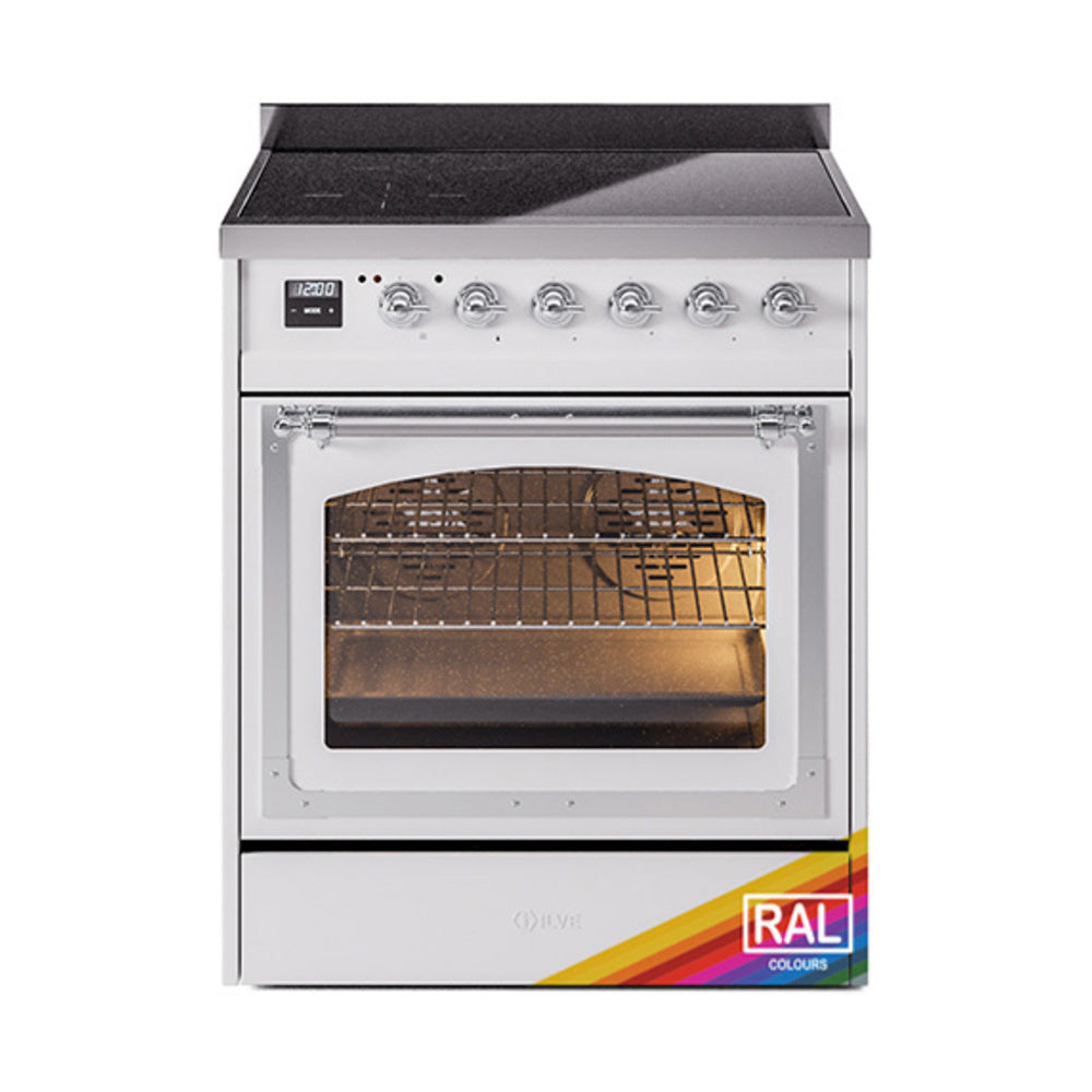 White induction range with oven door window, control knobs, and chrome trim