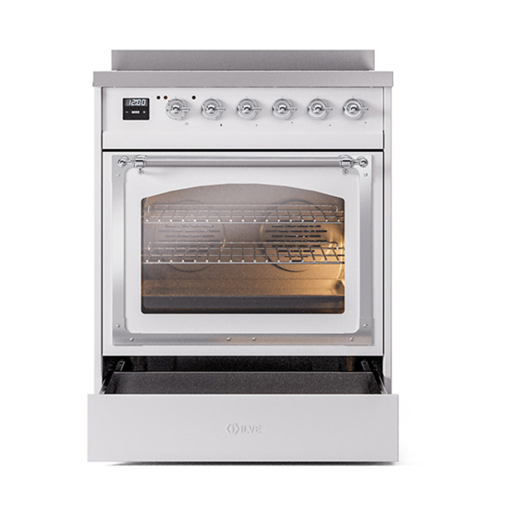 White induction range with oven door open and drawer-style storage compartment