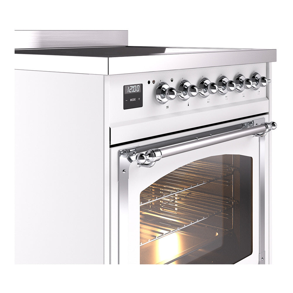 Induction range control panel with multiple chrome knobs and open oven door