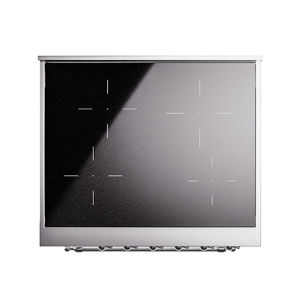 Induction range cooktop with black glass surface and chrome trim, front view