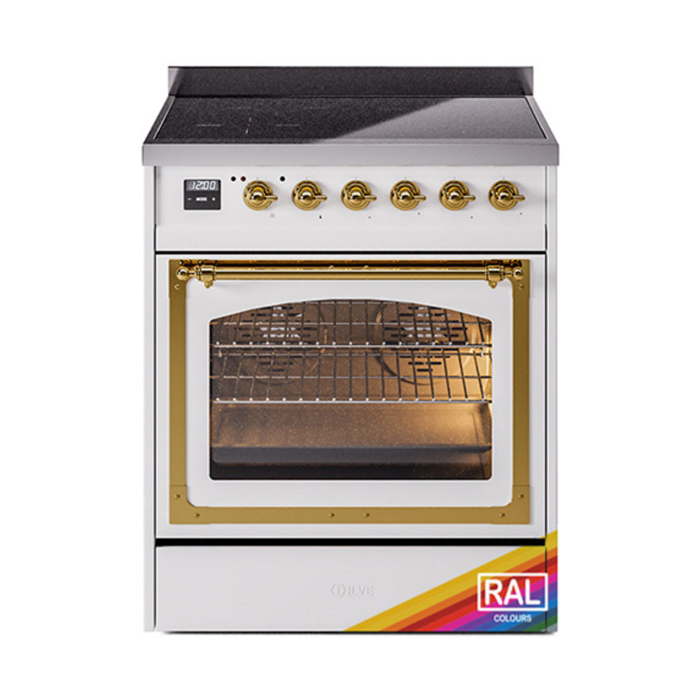 White induction range with brass-framed triple glass oven door and control knobs