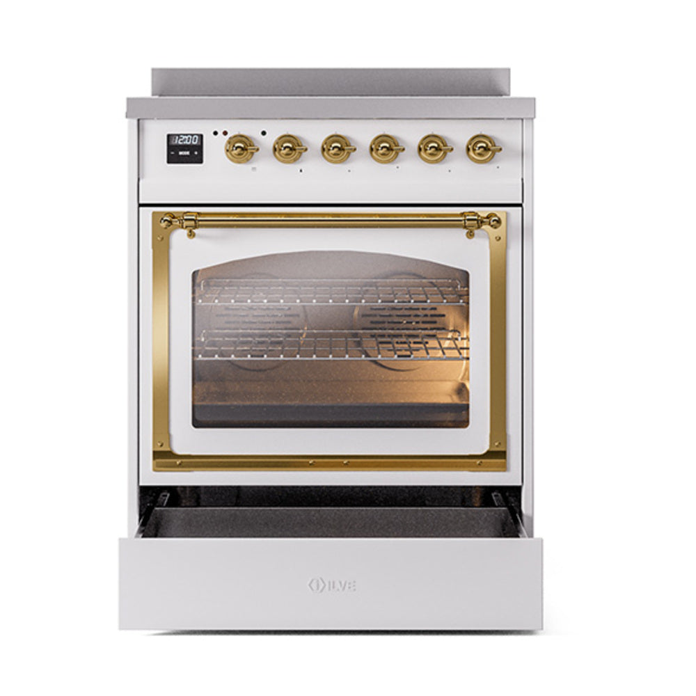 White induction range with brass-framed triple glass oven window, knobs, and display