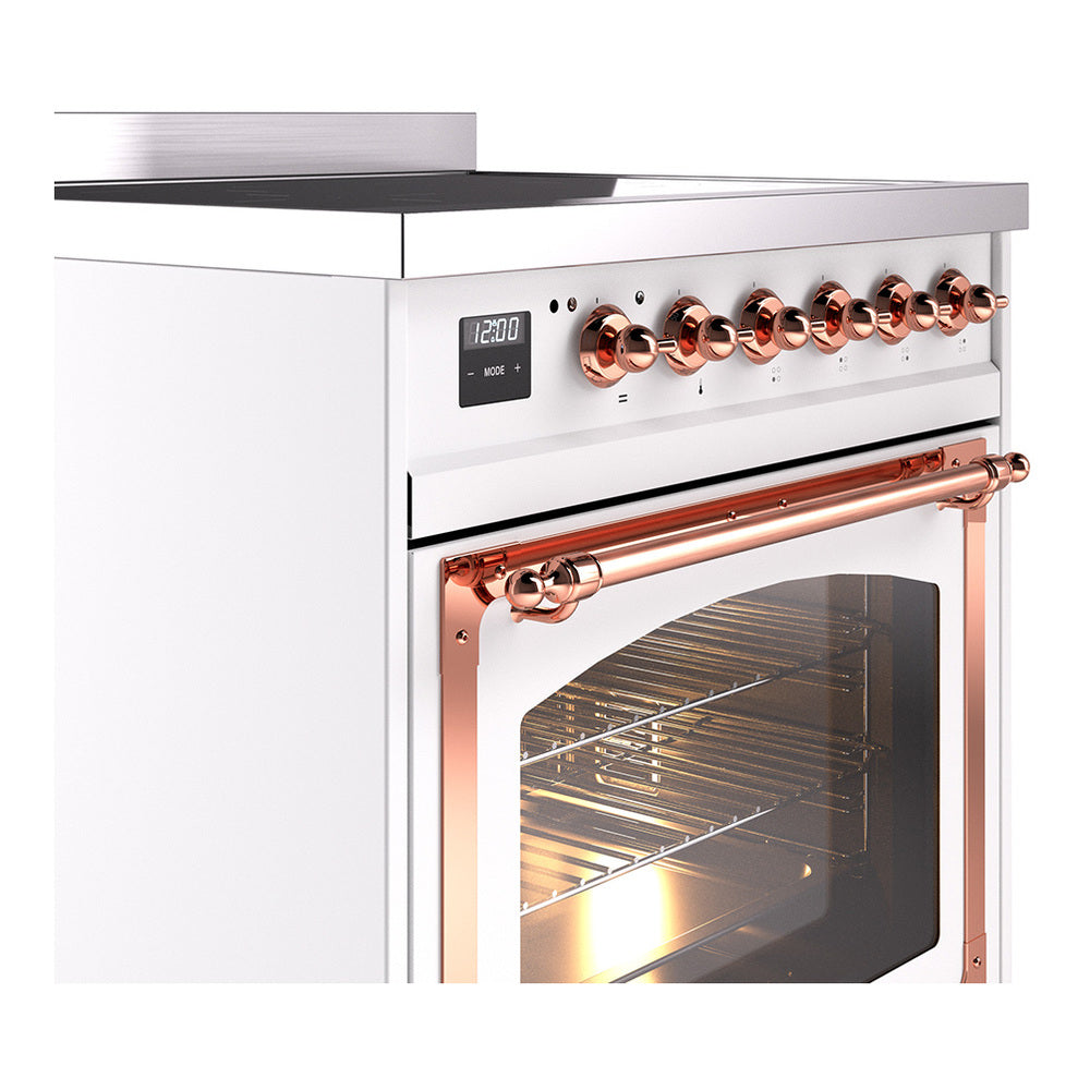 30-inch induction range control panel with copper knobs and copper-trim oven door frame