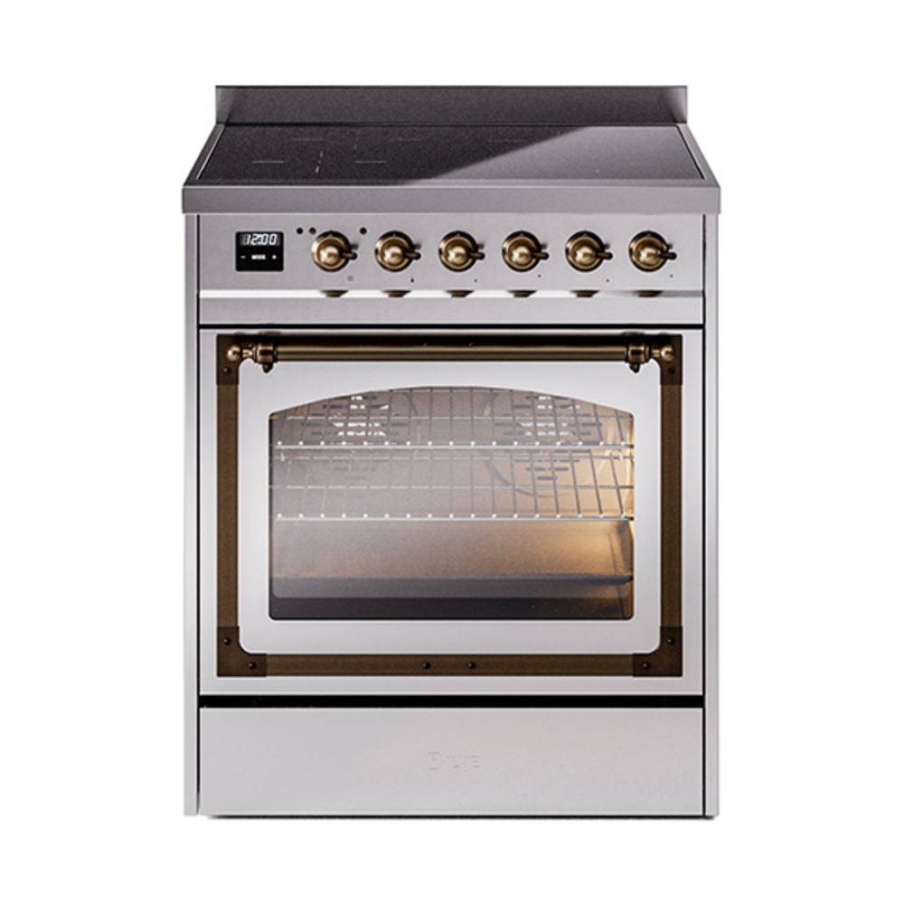 Stainless induction range with bronze knobs and oven door open, interior visible
