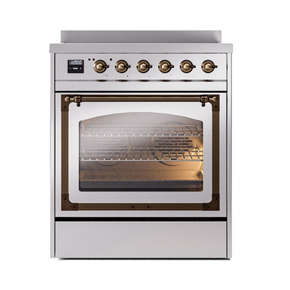 Stainless induction range with bronze knobs and closed triple glass oven door