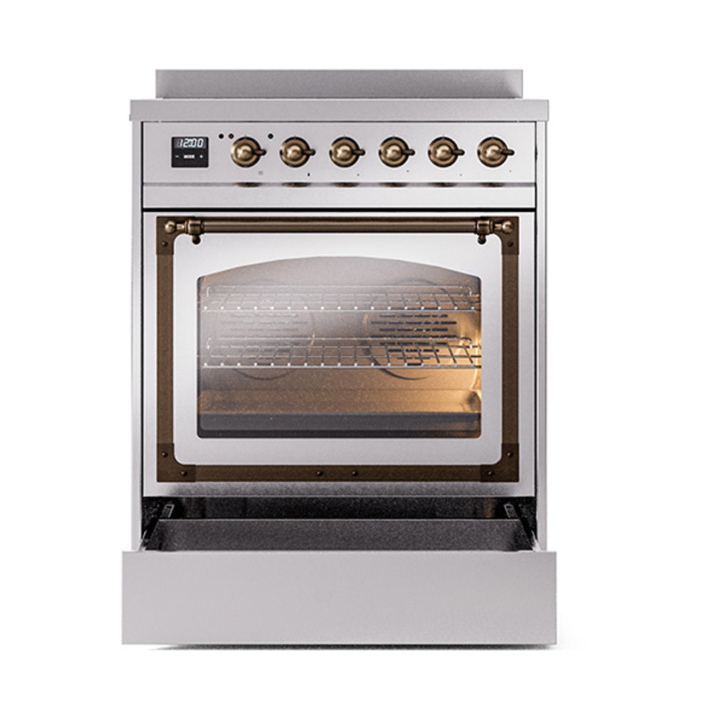 Stainless induction range front view with bronze knobs and lit oven interior