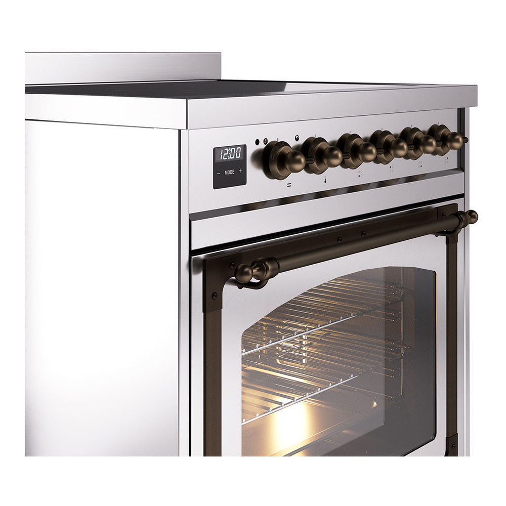 Stainless induction range with bronze-trim knobs and open triple glass oven door