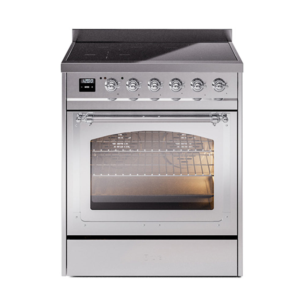 Stainless steel 30-inch induction range with triple glass oven door and chrome-trimmed controls