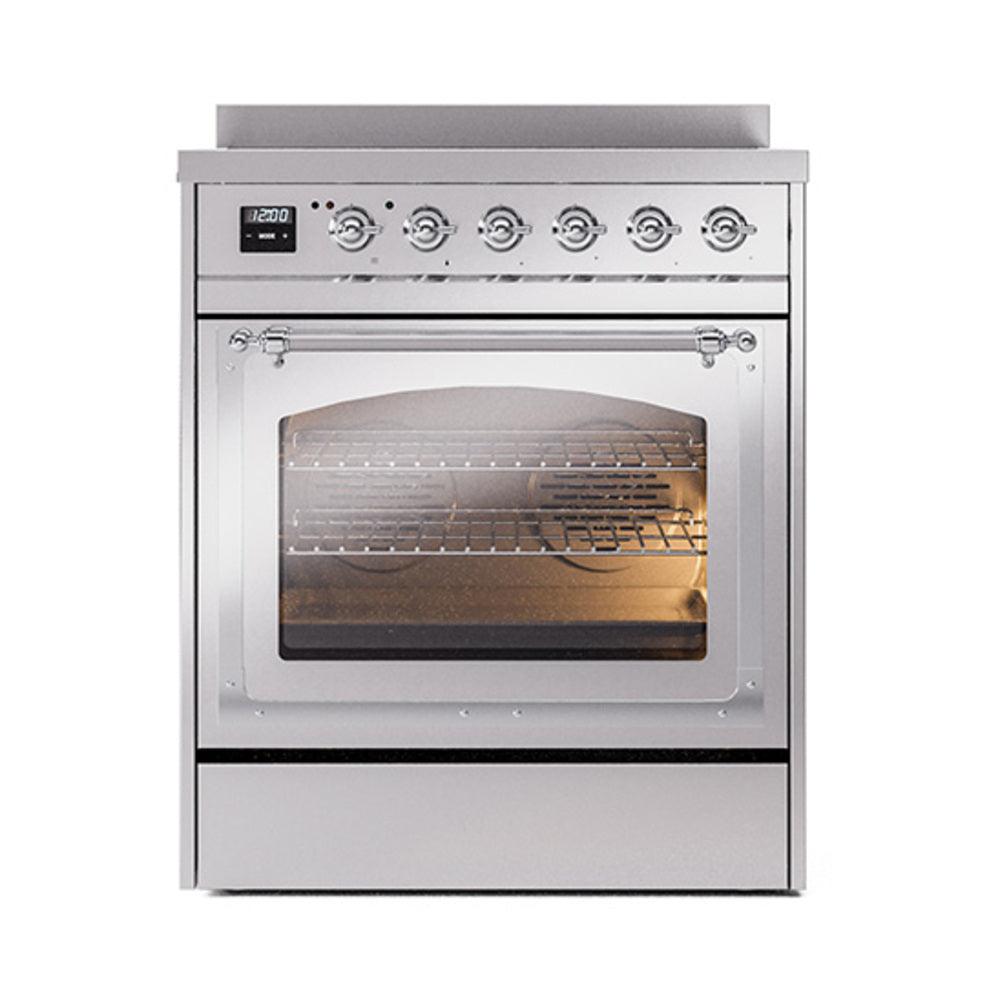 Stainless steel induction range with triple glass oven window and lit oven interior