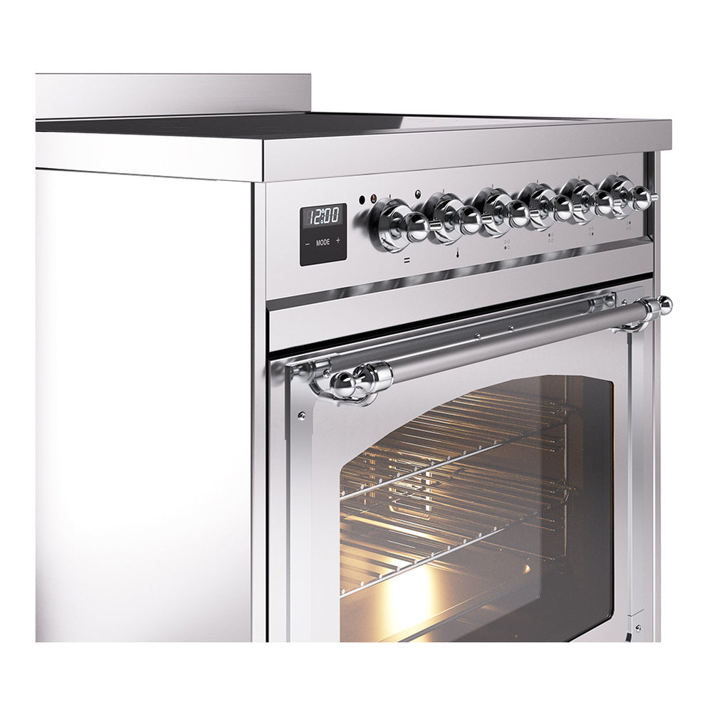 Stainless steel induction range control panel with rotary knobs and oven door window