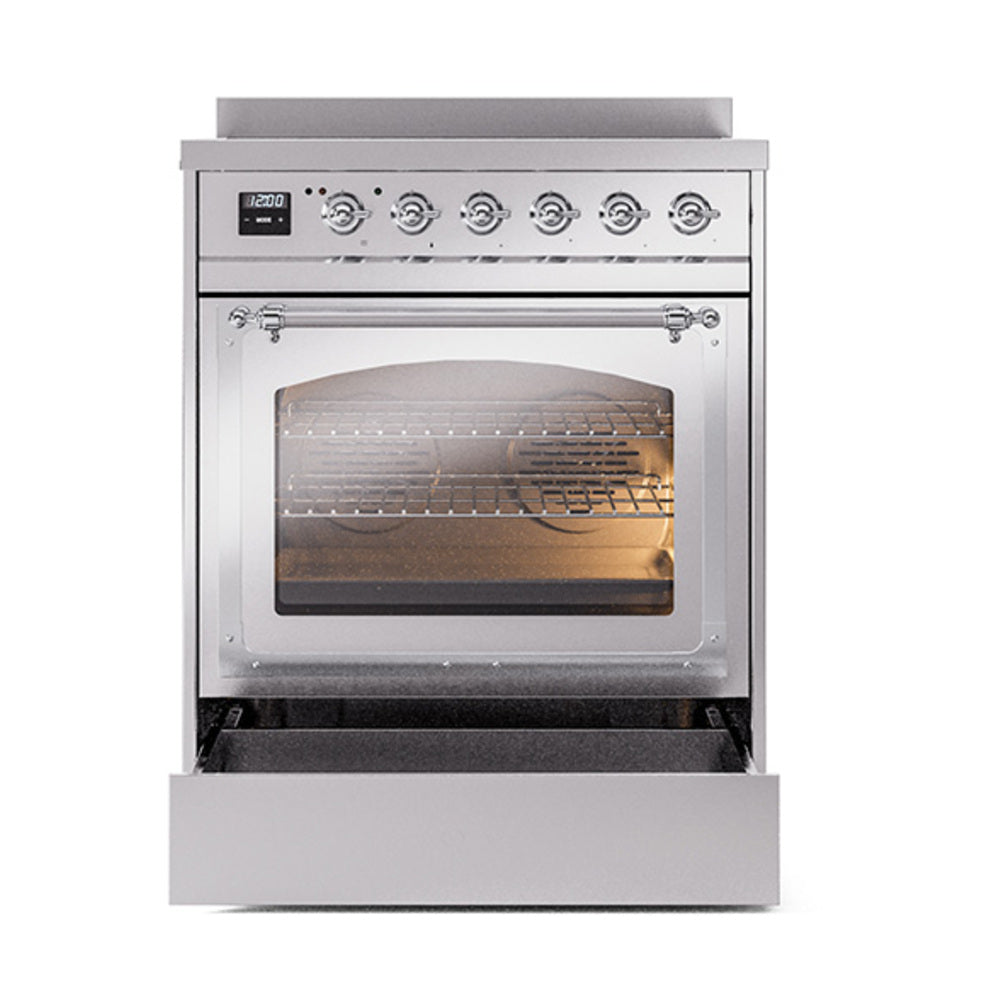 Stainless steel induction range with open oven drawer and triple glass oven door