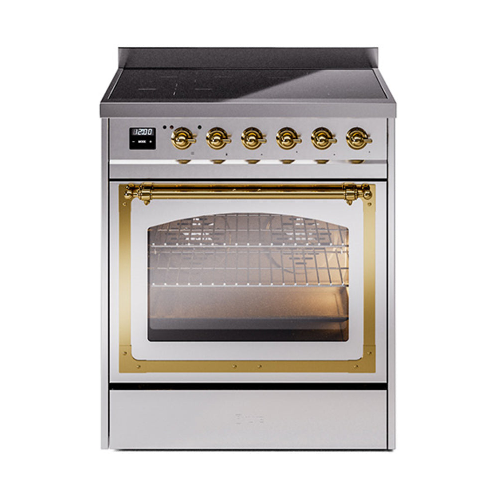 Stainless steel induction range with triple glass oven door and brass trim, front view