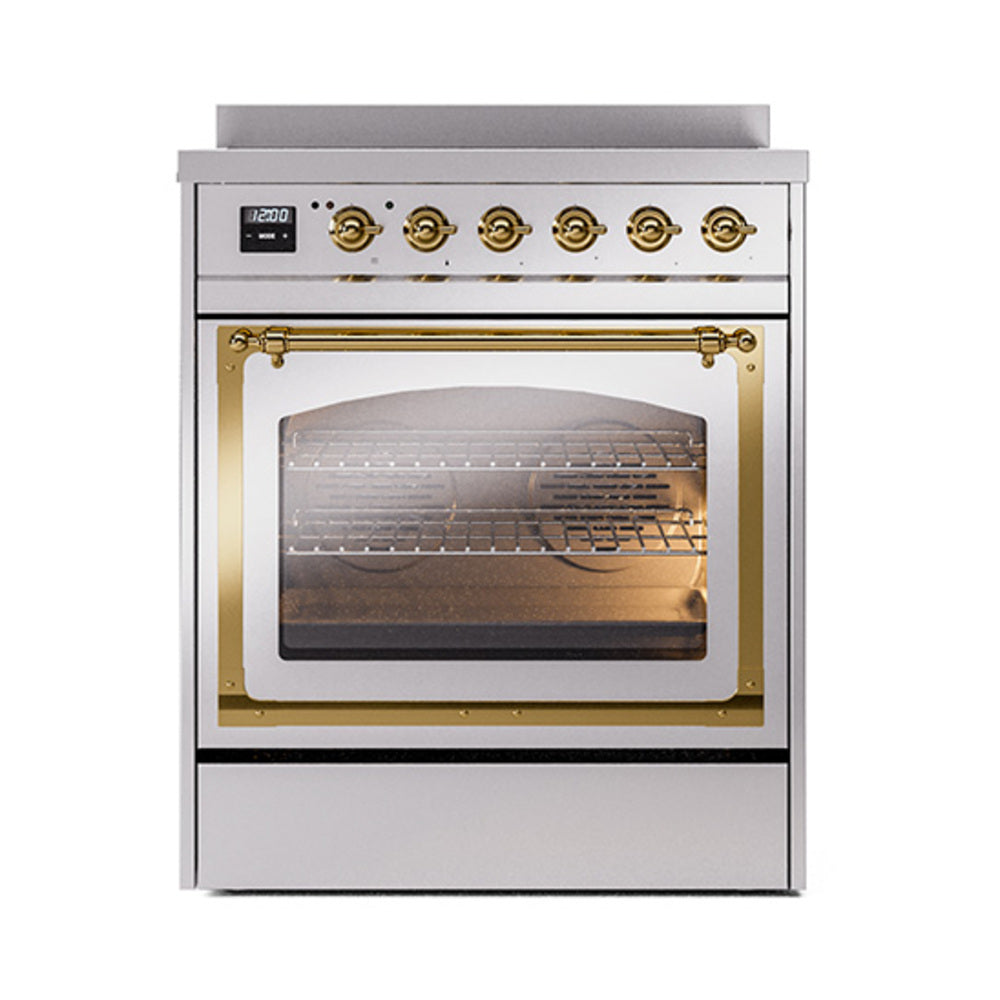 Stainless steel induction range oven door open with brass handle trim and lit interior racks