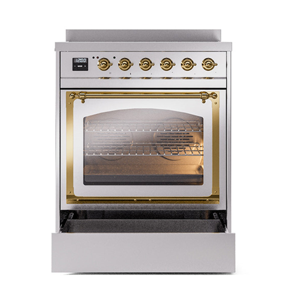 Stainless steel induction range with triple glass oven door and brass trim, front view