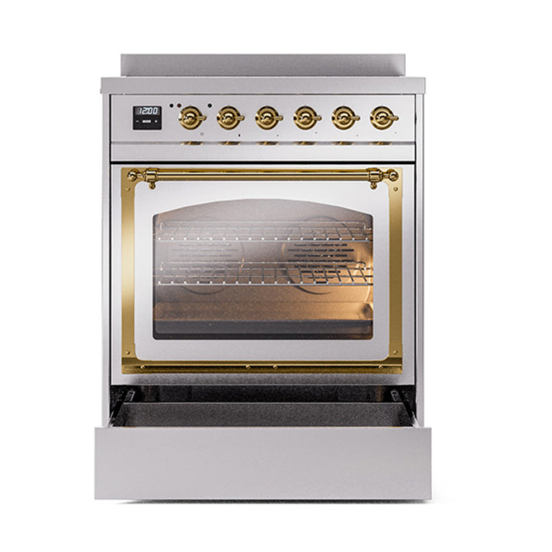 ILVE Nostalgie II Noblesse 30-Inch Induction Range with Triple Glass Door in Stainless Steel with Brass Trim (UNI304NMPSSG)