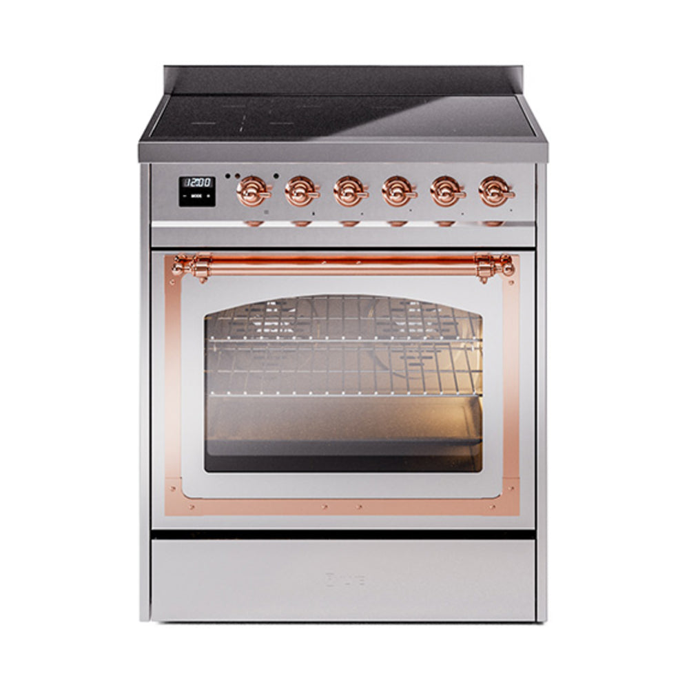Stainless steel induction range with copper control knobs and open oven door