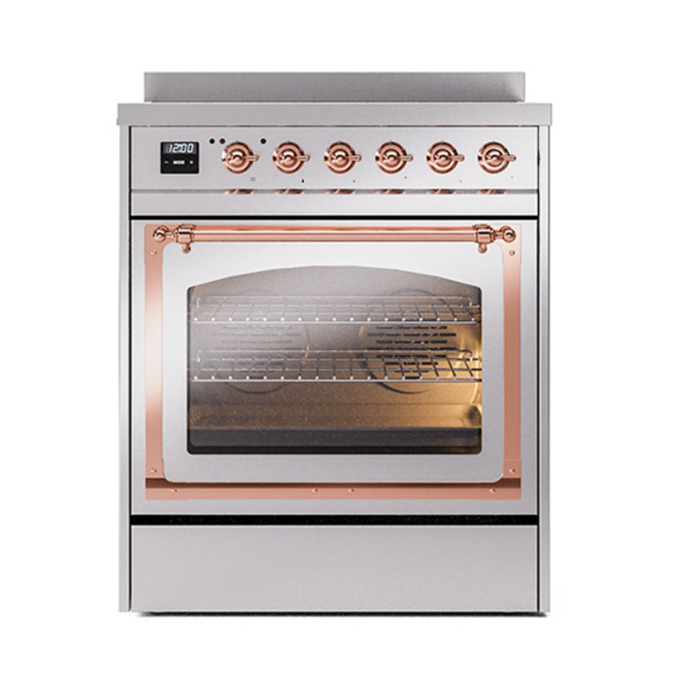 Stainless steel induction range oven door window with copper trim and control knobs
