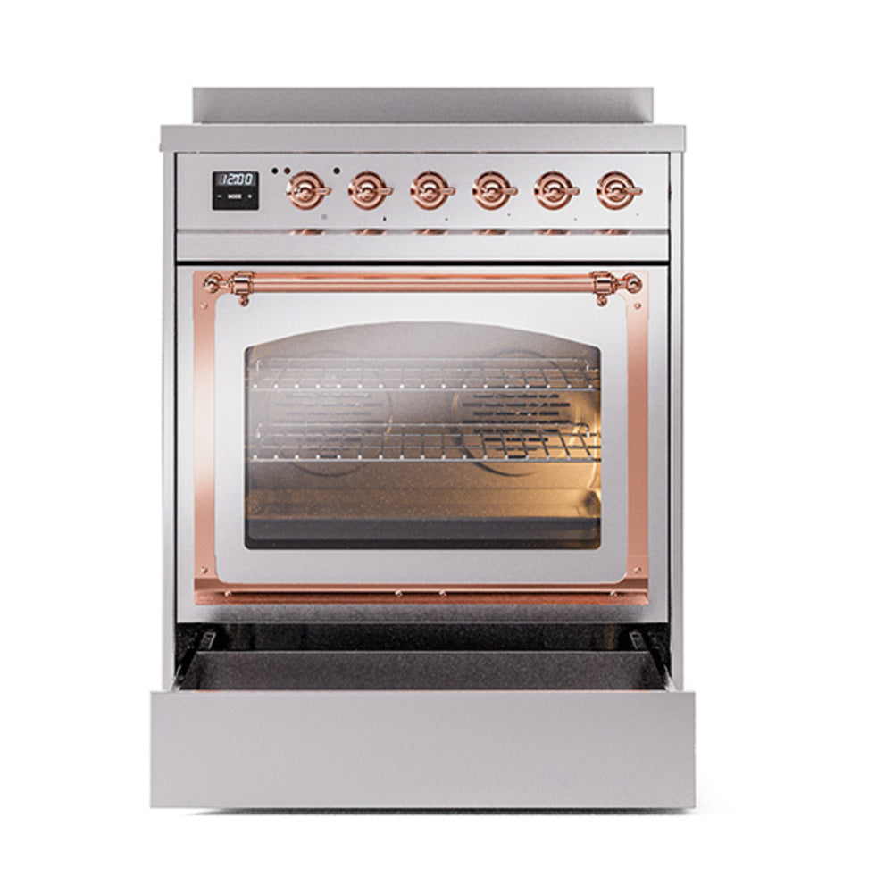 Stainless steel oven with open door, copper accents, and visible wire racks