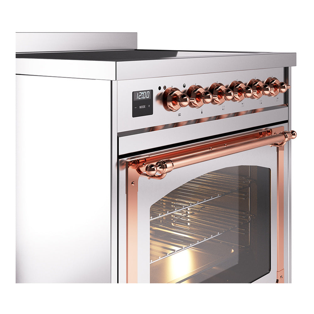 Stainless steel induction range with copper-trimmed oven door and triple glass window
