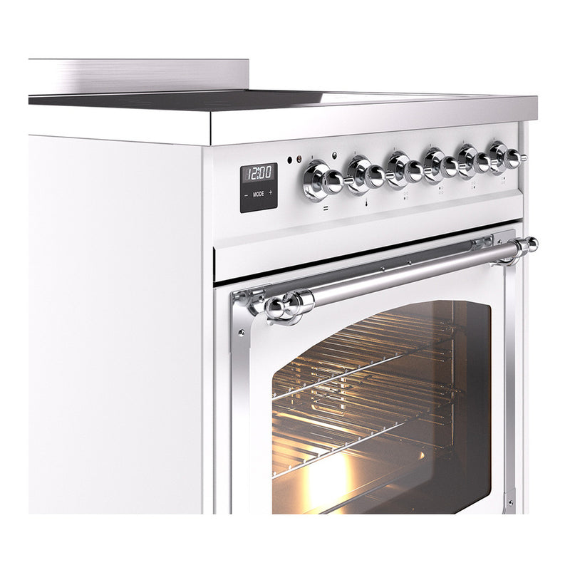 ILVE Nostalgie II Noblesse 30-Inch Induction Range with Triple Glass Door in White with Chrome Trim (UNI304NMPWHC)