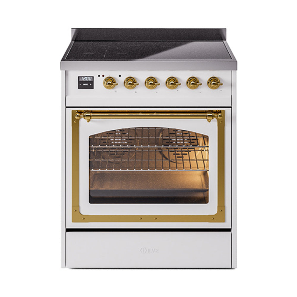White induction range with triple glass oven door and brass trim, front view.