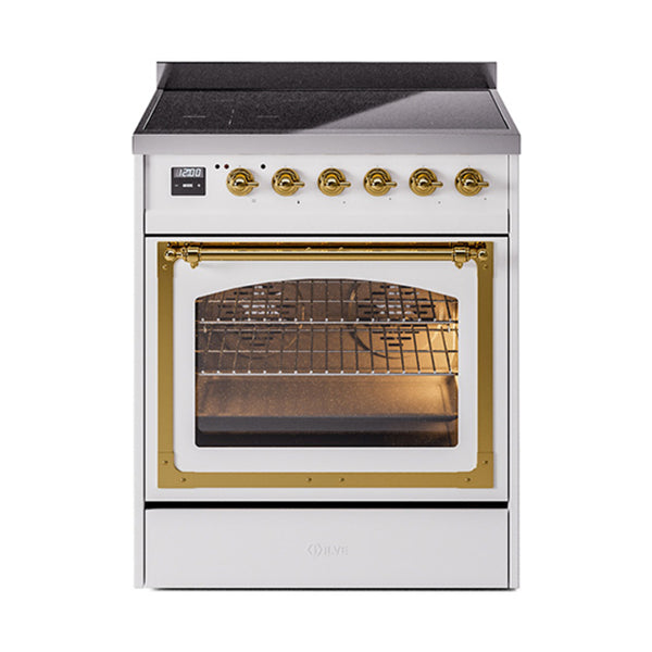 ILVE Nostalgie II Noblesse 30-Inch Induction Range with Triple Glass Door in White with Brass Trim (UNI304NMPWHG)