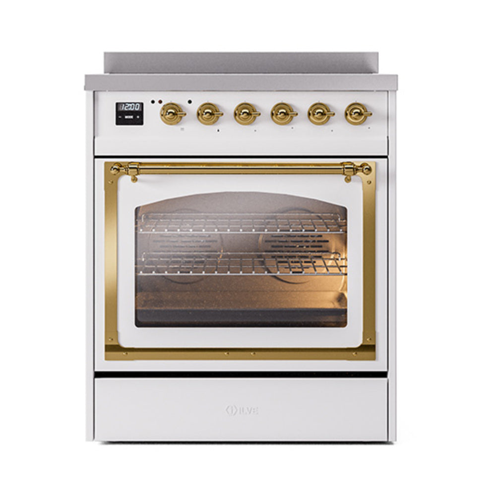 White induction range with open oven and brass-trim triple glass door, front view.
