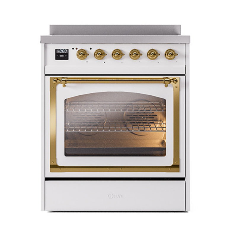 ILVE Nostalgie II Noblesse 30-Inch Induction Range with Triple Glass Door in White with Brass Trim (UNI304NMPWHG)