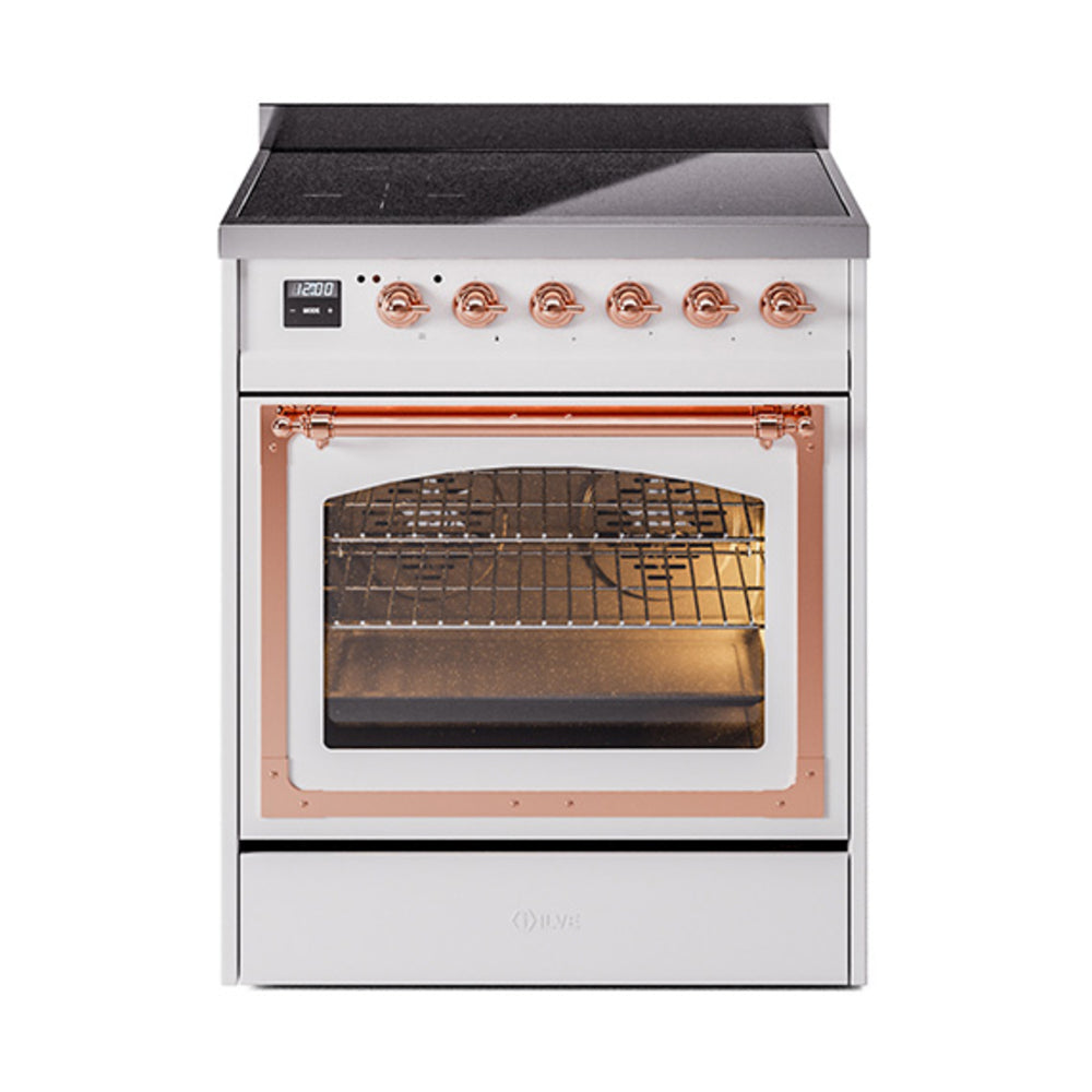 White induction range with copper handle, open oven door, and control knobs