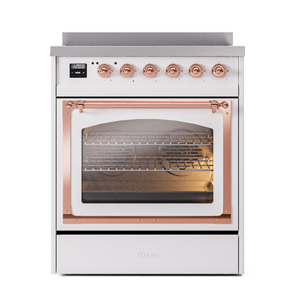 White induction range with copper-trimmed oven window and round control knobs