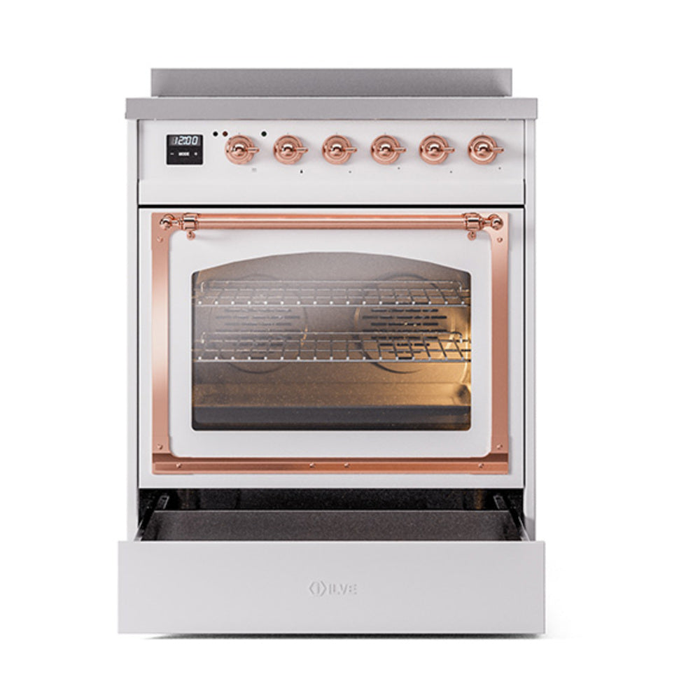 White induction range with copper-trimmed control panel and open triple-glass door