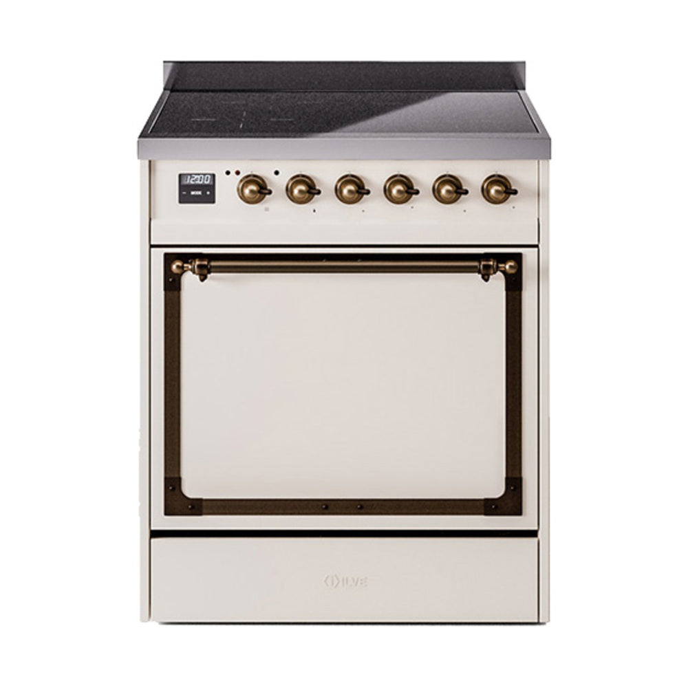 Antique white range front with bronze knobs and closed oven door